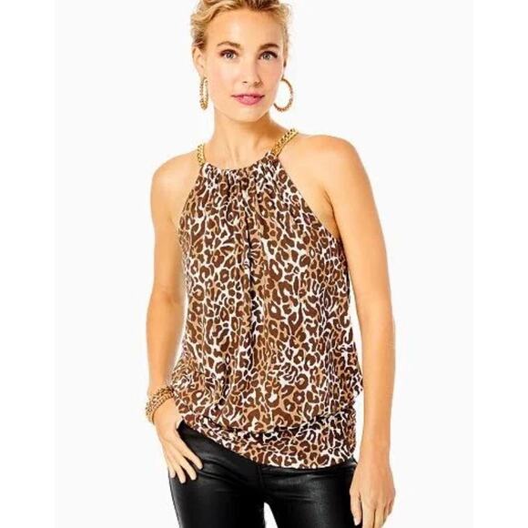 Lilly Pulitzer Bowen Halter Top Chocolate My Favorite Spot - M - Picture 2 of 3